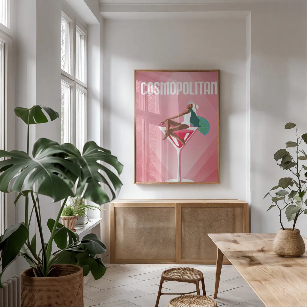Cosmopolitan by Omar Escalante. shown as a print in a natural wood frame in a dining room. Available as a archival giclee rolled canvas, fine art paper, or poster print. SKU 82560h.