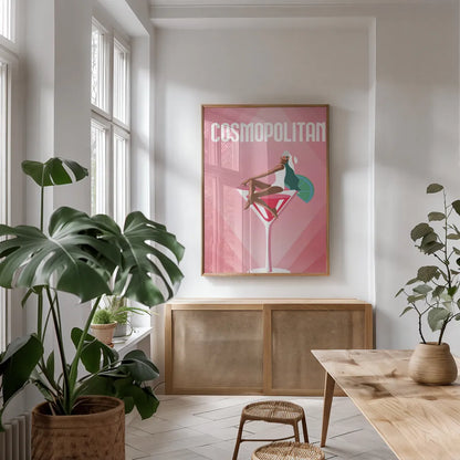 Cosmopolitan by Omar Escalante. shown as a print in a natural wood frame in a dining room. Available as a archival giclee rolled canvas, fine art paper, or poster print. SKU 82560h.
