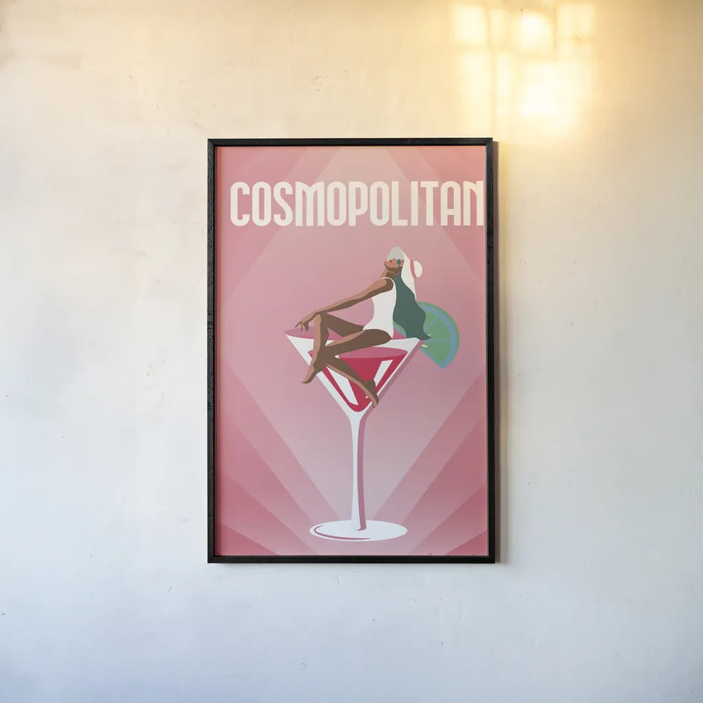 Cosmopolitan by Omar Escalante. shown as a paper print in a black flame. Available as a archival giclee rolled canvas, fine art paper, or poster print. SKU 82560h.