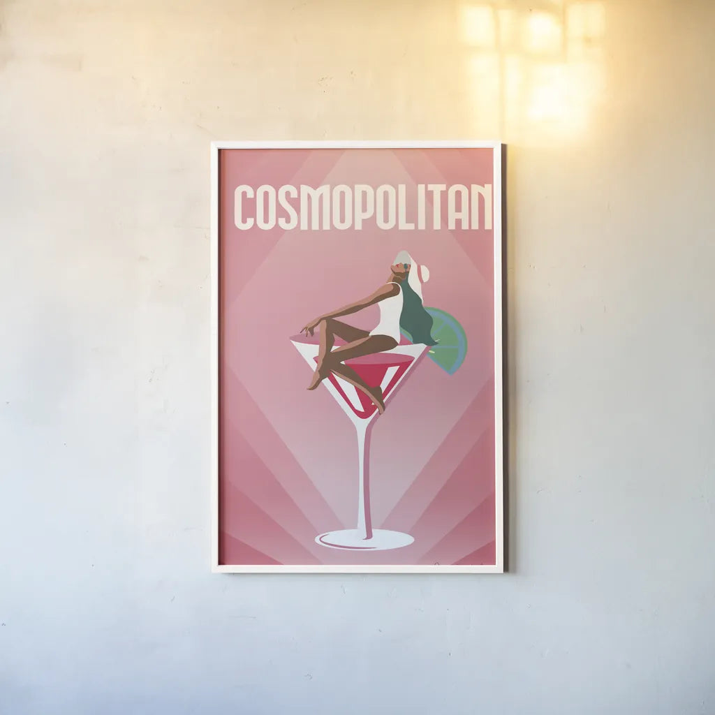 Cosmopolitan by Omar Escalante. shown as a paper print in a white frame. Available as a archival giclee rolled canvas, fine art paper, or poster print. SKU 82560h.