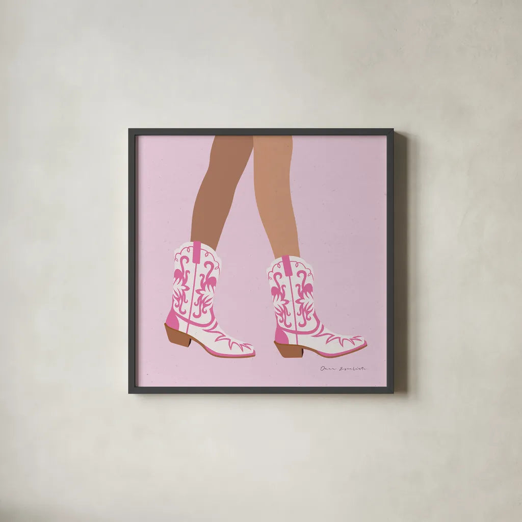 Cowgirly I by Omar Escalante. Shown in a sleek black glass frame for a contemporary gallery look. Available as an archival giclee rolled canvas, fine art paper, or poster print. SKU 84593a.