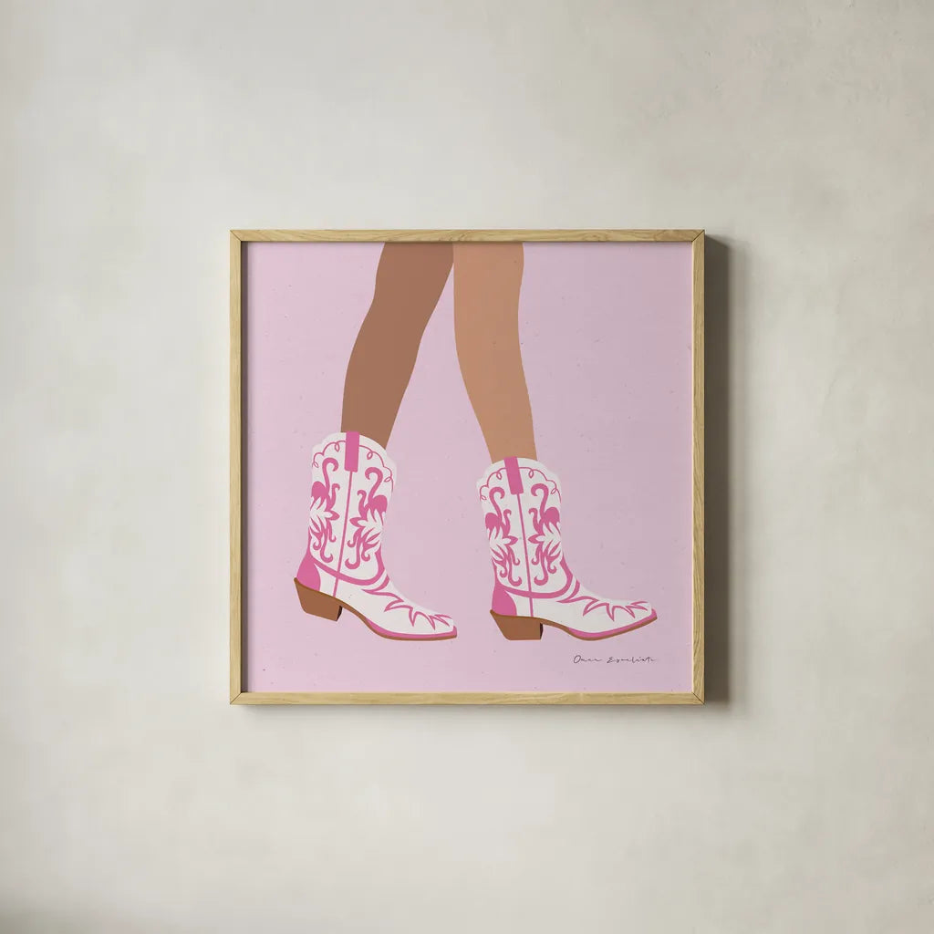 Cowgirly I by Omar Escalante. Shown in a natural wood glass frame for a timeless modern aesthetic. Available as an archival giclee rolled canvas, fine art paper, or poster print. SKU 84593a.