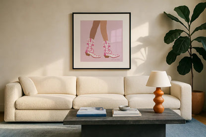 Cowgirly I by Omar Escalante. Displayed in a glass frame with matte in a clean modern living room. Available as an archival giclee rolled canvas, fine art paper, or poster print. SKU 84593a.