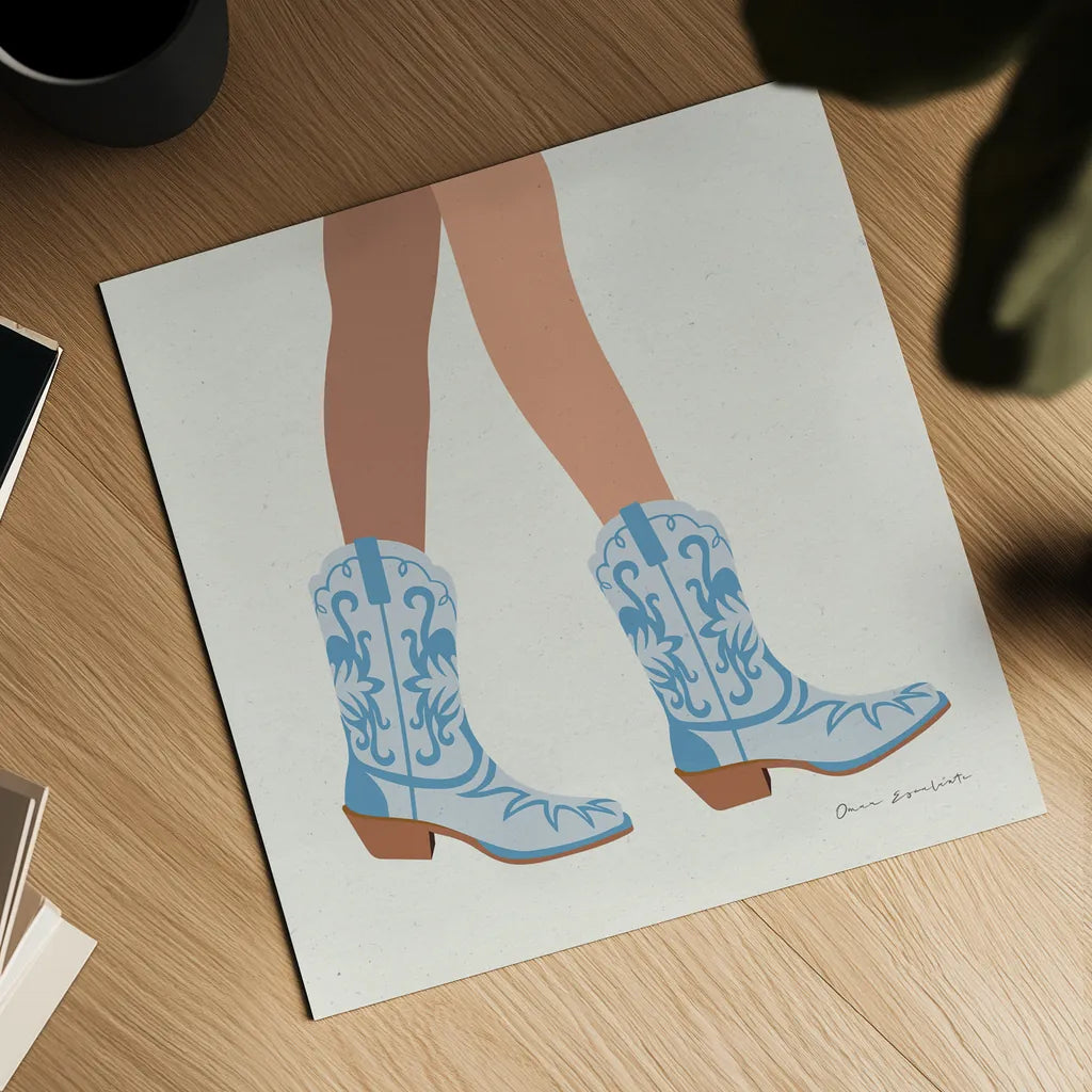Cowgirly I Blue by Omar Escalante. Shown as a detailed flat fine art print, highlighting archival giclee quality. Available as an archival giclee rolled canvas, fine art paper, or poster print. SKU 89333a.