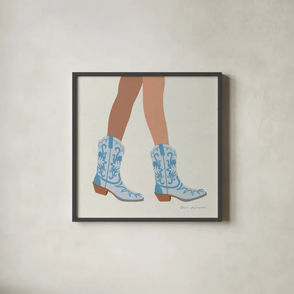 Cowgirly I Blue by Omar Escalante. Shown in a sleek black glass frame for a contemporary gallery look. Available as an archival giclee rolled canvas, fine art paper, or poster print. SKU 89333a.