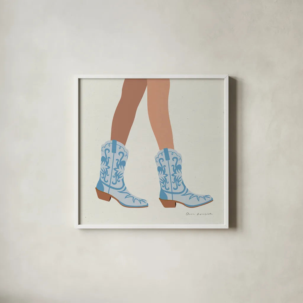 Cowgirly I Blue by Omar Escalante. Shown in a crisp white glass frame for a clean and minimalist style. Available as an archival giclee rolled canvas, fine art paper, or poster print. SKU 89333a.