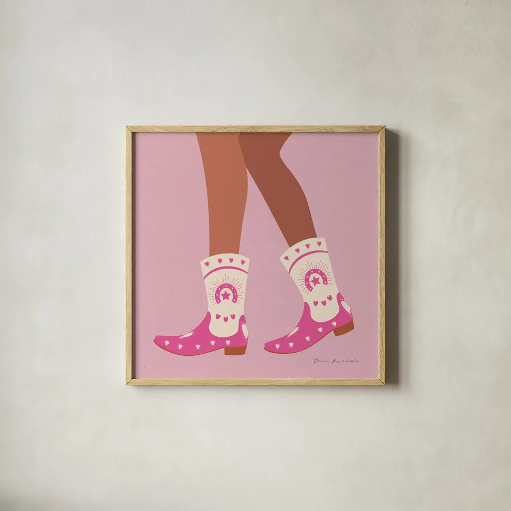 Cowgirly II by Omar Escalante. Shown in a natural wood glass frame for a timeless modern aesthetic. Available as an archival giclee rolled canvas, fine art paper, or poster print. SKU 84594a.