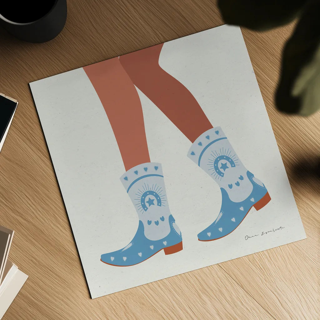 Cowgirly II Blue by Omar Escalante. Shown as a detailed flat fine art print, highlighting archival giclee quality. Available as an archival giclee rolled canvas, fine art paper, or poster print. SKU 89334a.