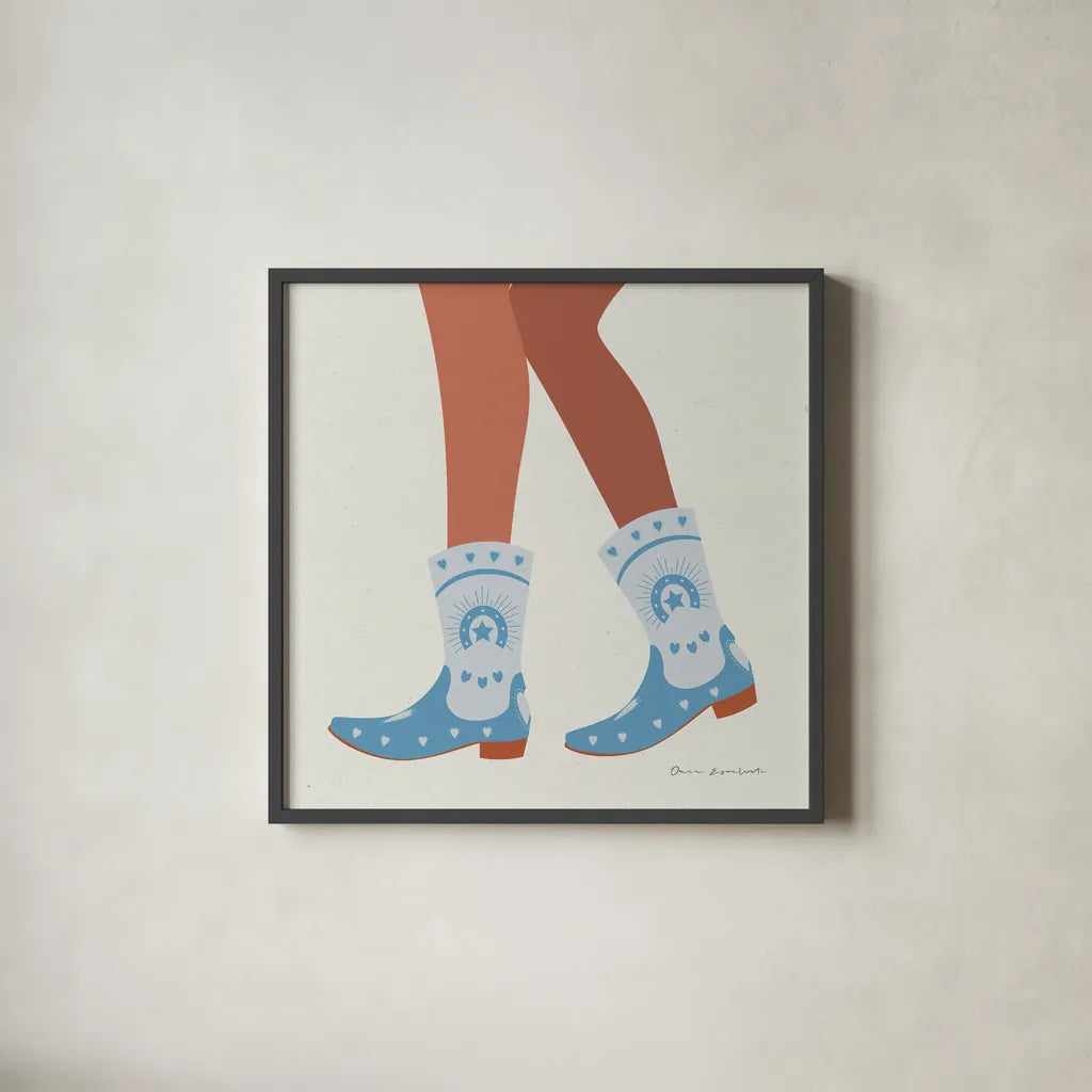 Cowgirly II Blue by Omar Escalante. Shown in a sleek black glass frame for a contemporary gallery look. Available as an archival giclee rolled canvas, fine art paper, or poster print. SKU 89334a.