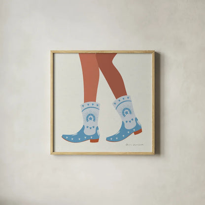 Cowgirly II Blue by Omar Escalante. Shown in a natural wood glass frame for a timeless modern aesthetic. Available as an archival giclee rolled canvas, fine art paper, or poster print. SKU 89334a.