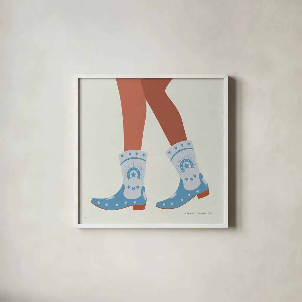 Cowgirly II Blue by Omar Escalante. Shown in a crisp white glass frame for a clean and minimalist style. Available as an archival giclee rolled canvas, fine art paper, or poster print. SKU 89334a.