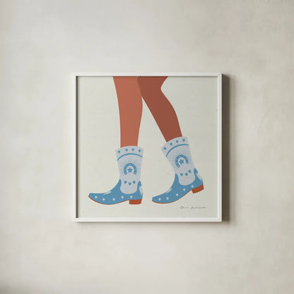 Cowgirly II Blue by Omar Escalante. Shown in a crisp white glass frame for a clean and minimalist style. Available as an archival giclee rolled canvas, fine art paper, or poster print. SKU 89334a.