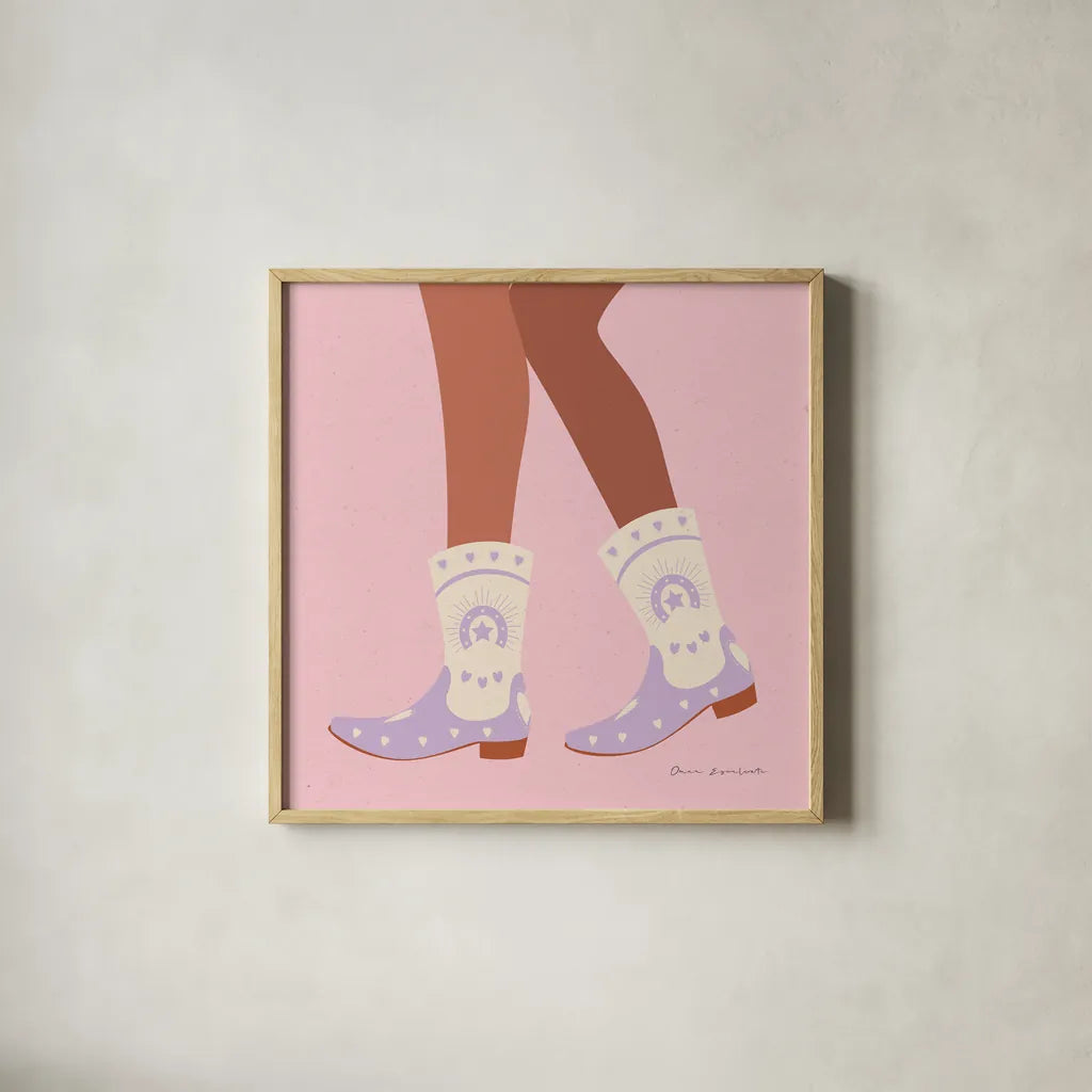 Cowgirly II Pastel by Omar Escalante. Shown in a natural wood glass frame for a timeless modern aesthetic. Available as an archival giclee rolled canvas, fine art paper, or poster print. SKU 85860a.