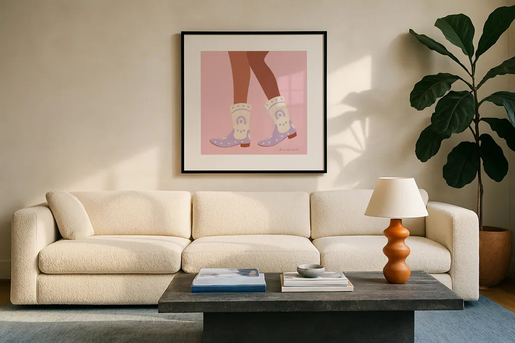 Cowgirly II Pastel by Omar Escalante. Displayed in a glass frame with matte in a clean modern living room. Available as an archival giclee rolled canvas, fine art paper, or poster print. SKU 85860a.