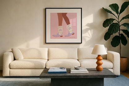 Cowgirly II Pastel by Omar Escalante. Displayed in a glass frame with matte in a clean modern living room. Available as an archival giclee rolled canvas, fine art paper, or poster print. SKU 85860a.