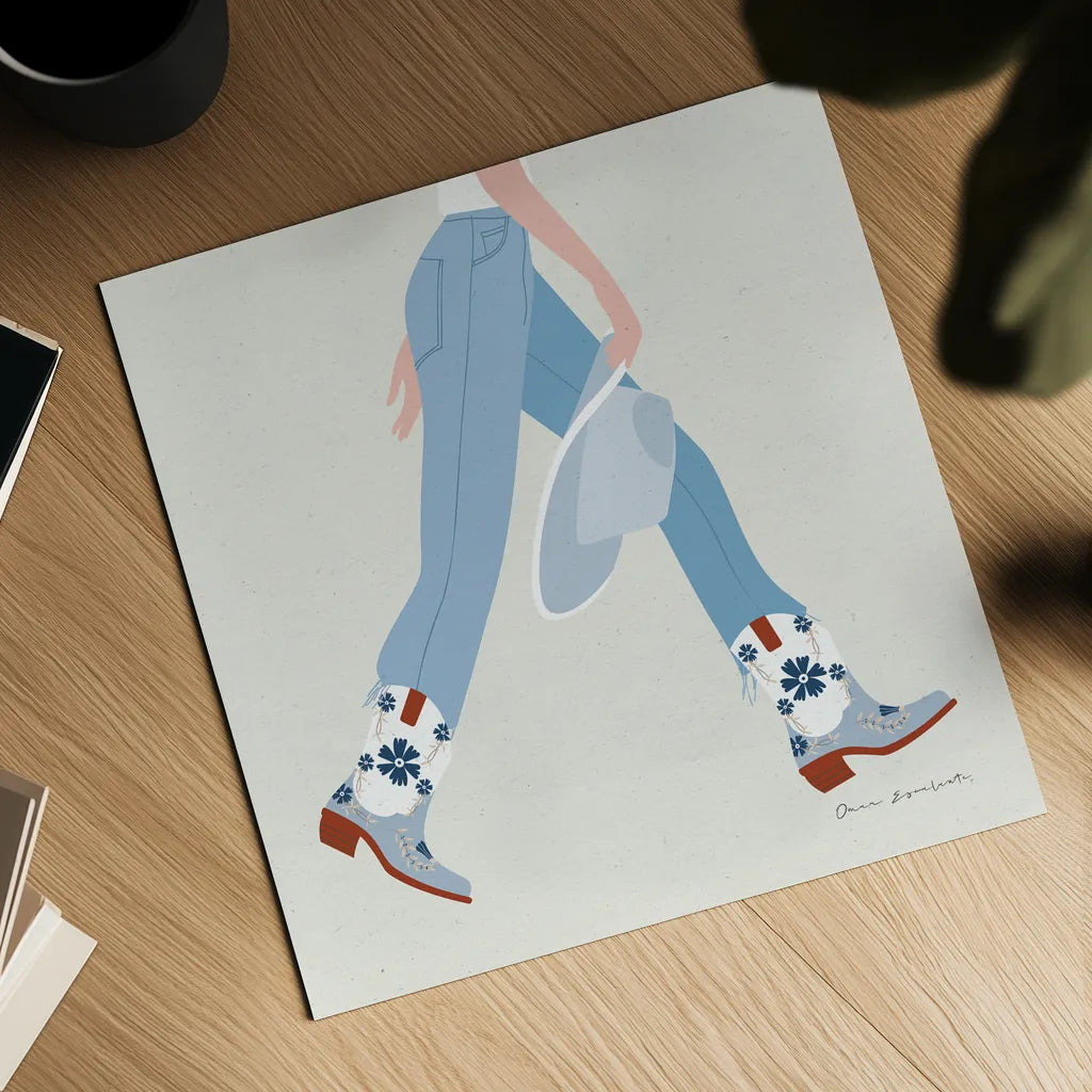 Cowgirly III Blue by Omar Escalante. Shown as a detailed flat fine art print, highlighting archival giclee quality. Available as an archival giclee rolled canvas, fine art paper, or poster print. SKU 89335a.
