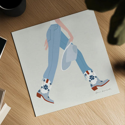 Cowgirly III Blue by Omar Escalante. Shown as a detailed flat fine art print, highlighting archival giclee quality. Available as an archival giclee rolled canvas, fine art paper, or poster print. SKU 89335a.