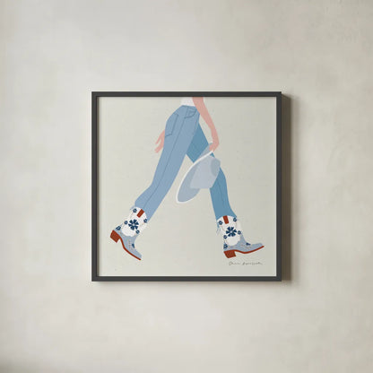 Cowgirly III Blue by Omar Escalante. Shown in a sleek black glass frame for a contemporary gallery look. Available as an archival giclee rolled canvas, fine art paper, or poster print. SKU 89335a.