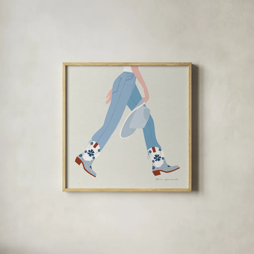 Cowgirly III Blue by Omar Escalante. Shown in a natural wood glass frame for a timeless modern aesthetic. Available as an archival giclee rolled canvas, fine art paper, or poster print. SKU 89335a.