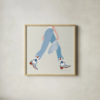 Cowgirly III Blue by Omar Escalante. Shown in a natural wood glass frame for a timeless modern aesthetic. Available as an archival giclee rolled canvas, fine art paper, or poster print. SKU 89335a.