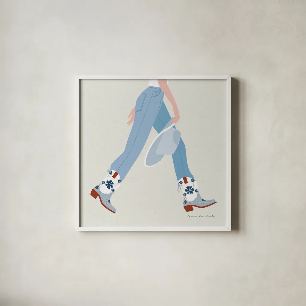 Cowgirly III Blue by Omar Escalante. Shown in a crisp white glass frame for a clean and minimalist style. Available as an archival giclee rolled canvas, fine art paper, or poster print. SKU 89335a.