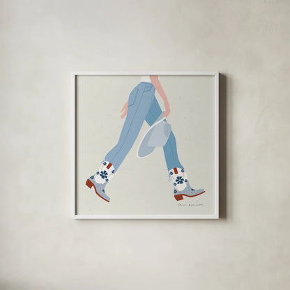Cowgirly III Blue by Omar Escalante. Shown in a crisp white glass frame for a clean and minimalist style. Available as an archival giclee rolled canvas, fine art paper, or poster print. SKU 89335a.
