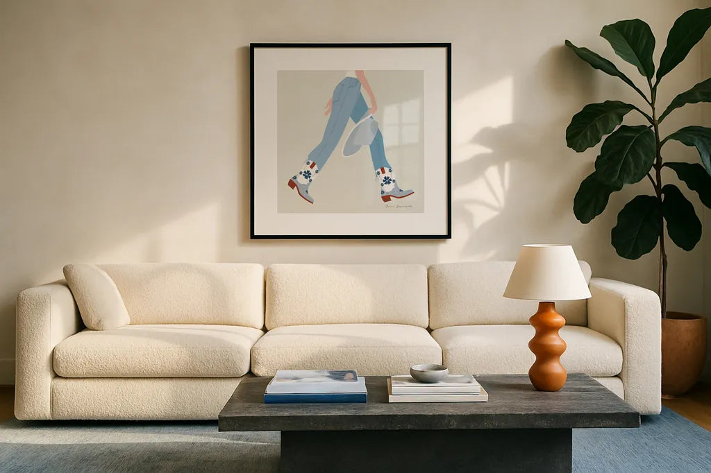 Cowgirly III Blue by Omar Escalante. Displayed in a glass frame with matte in a clean modern living room. Available as an archival giclee rolled canvas, fine art paper, or poster print. SKU 89335a.