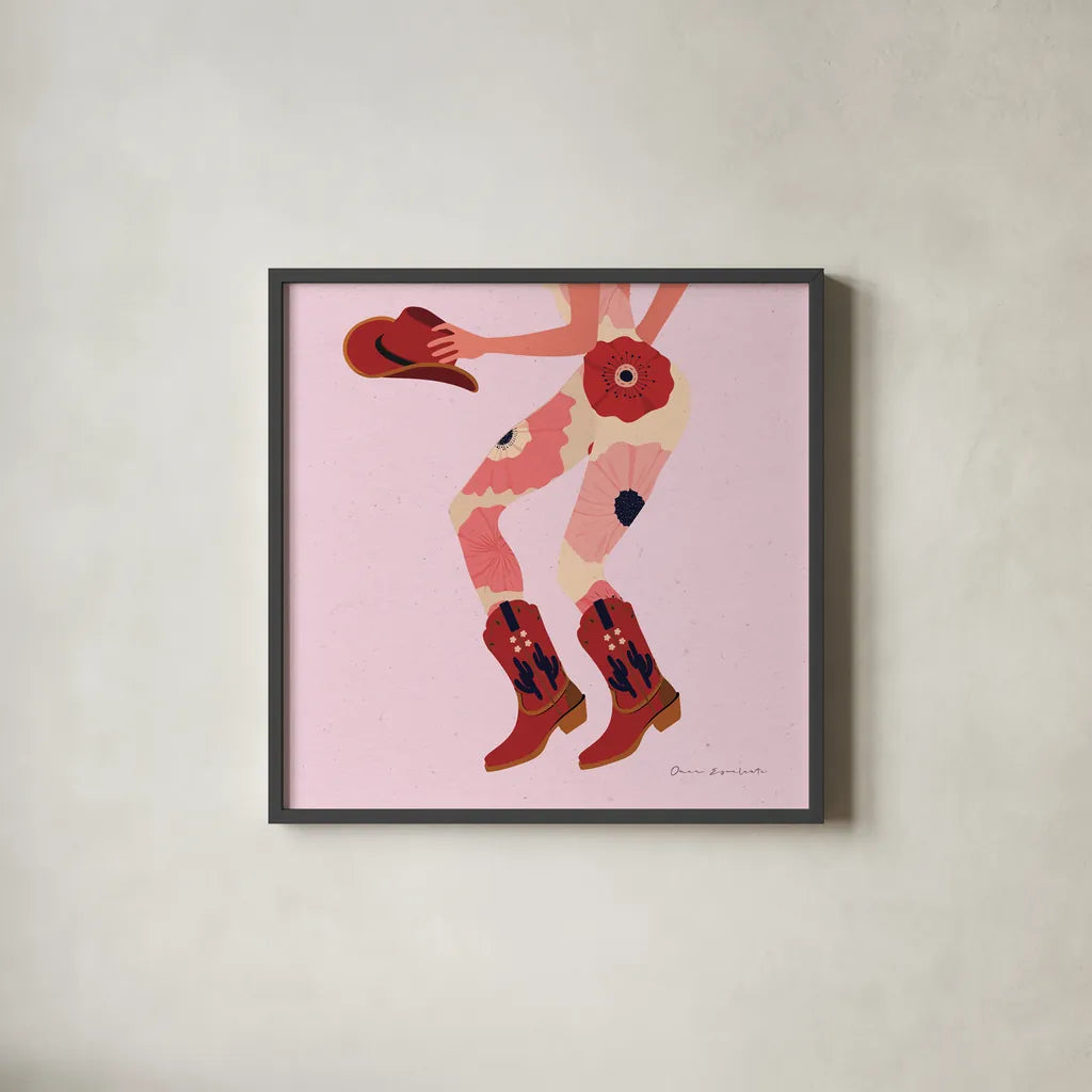 Cowgirly IV by Omar Escalante. Shown in a sleek black glass frame for a contemporary gallery look. Available as an archival giclee rolled canvas, fine art paper, or poster print. SKU 84596a.