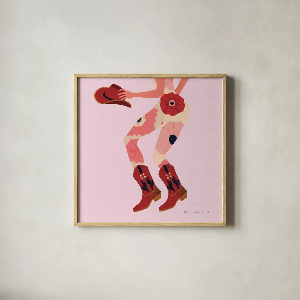 Cowgirly IV by Omar Escalante. Shown in a natural wood glass frame for a timeless modern aesthetic. Available as an archival giclee rolled canvas, fine art paper, or poster print. SKU 84596a.