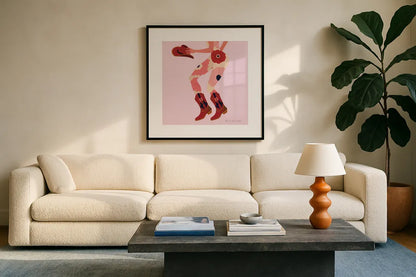 Cowgirly IV by Omar Escalante. Displayed in a glass frame with matte in a clean modern living room. Available as an archival giclee rolled canvas, fine art paper, or poster print. SKU 84596a.