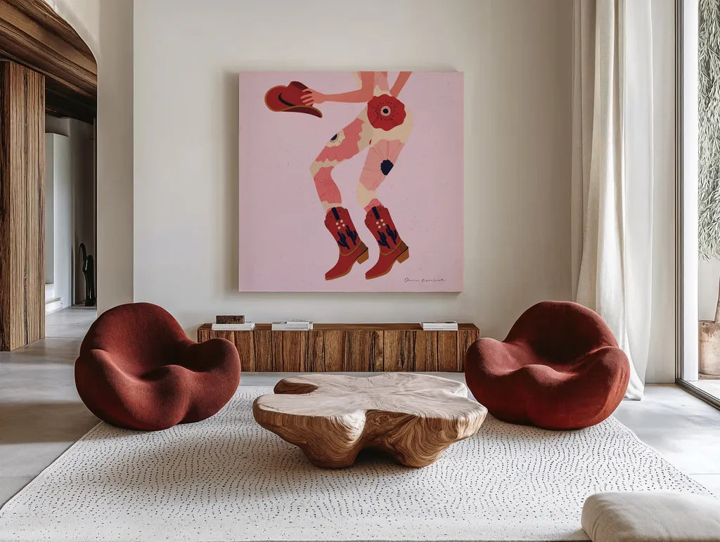 Cowgirly IV by Omar Escalante. Shown as extra-large giant wall art in a modern living room. Available as an archival giclee rolled canvas, fine art paper, or poster print. SKU 84596a.