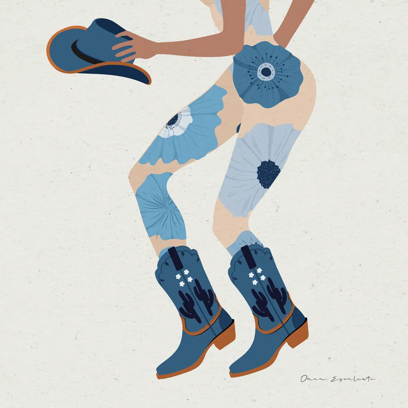 Cowgirly IV Blue by Omar Escalante. SKU 89336a. Archival Giclee Fine art print for wall decor.