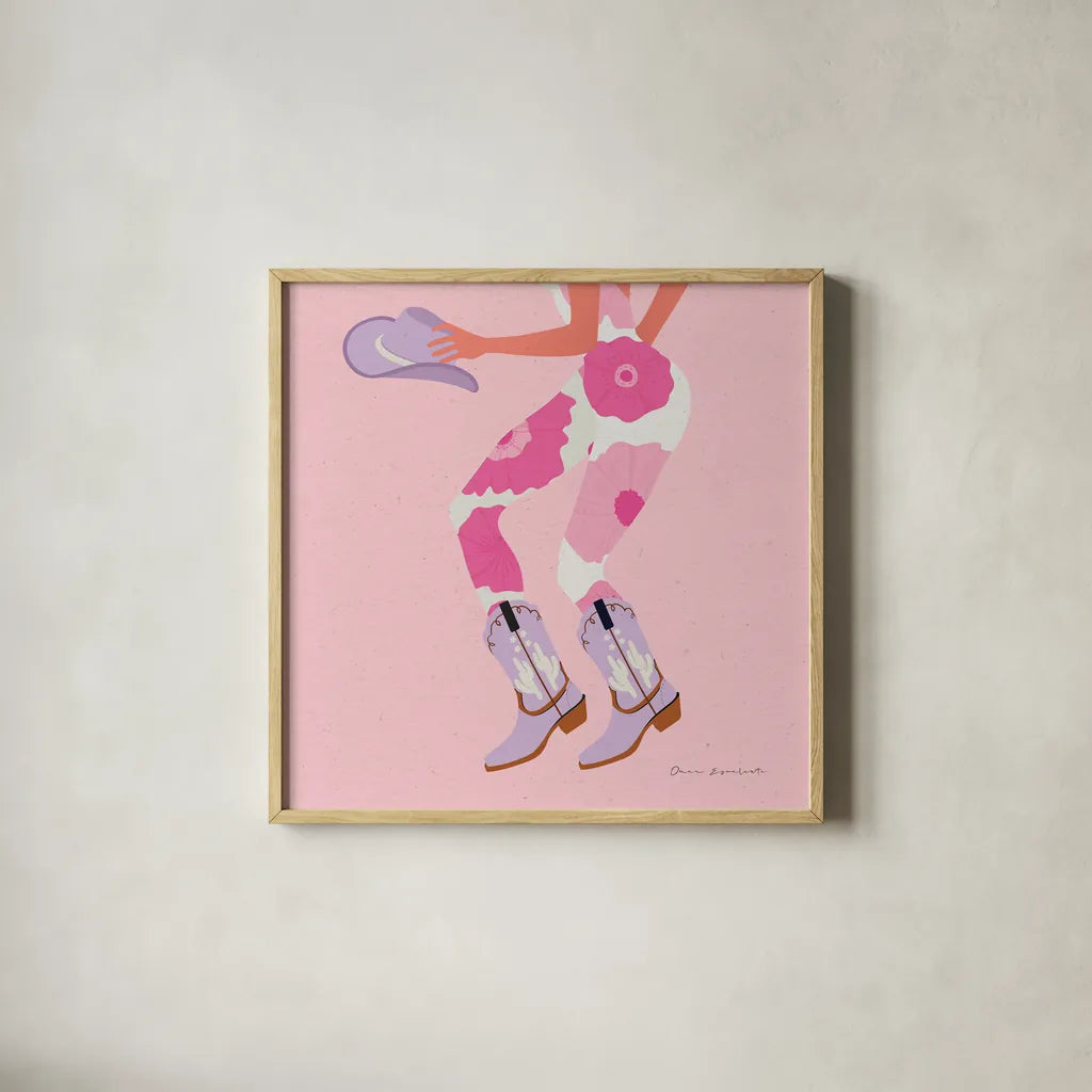 Cowgirly IV Pastel by Omar Escalante. Shown in a natural wood glass frame for a timeless modern aesthetic. Available as an archival giclee rolled canvas, fine art paper, or poster print. SKU 85862a.