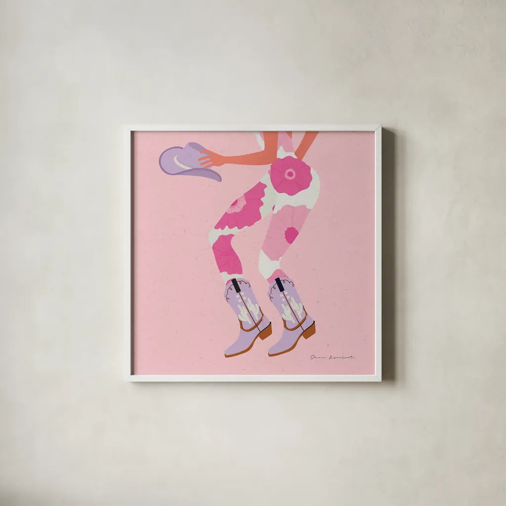 Cowgirly IV Pastel by Omar Escalante. Shown in a crisp white glass frame for a clean and minimalist style. Available as an archival giclee rolled canvas, fine art paper, or poster print. SKU 85862a.