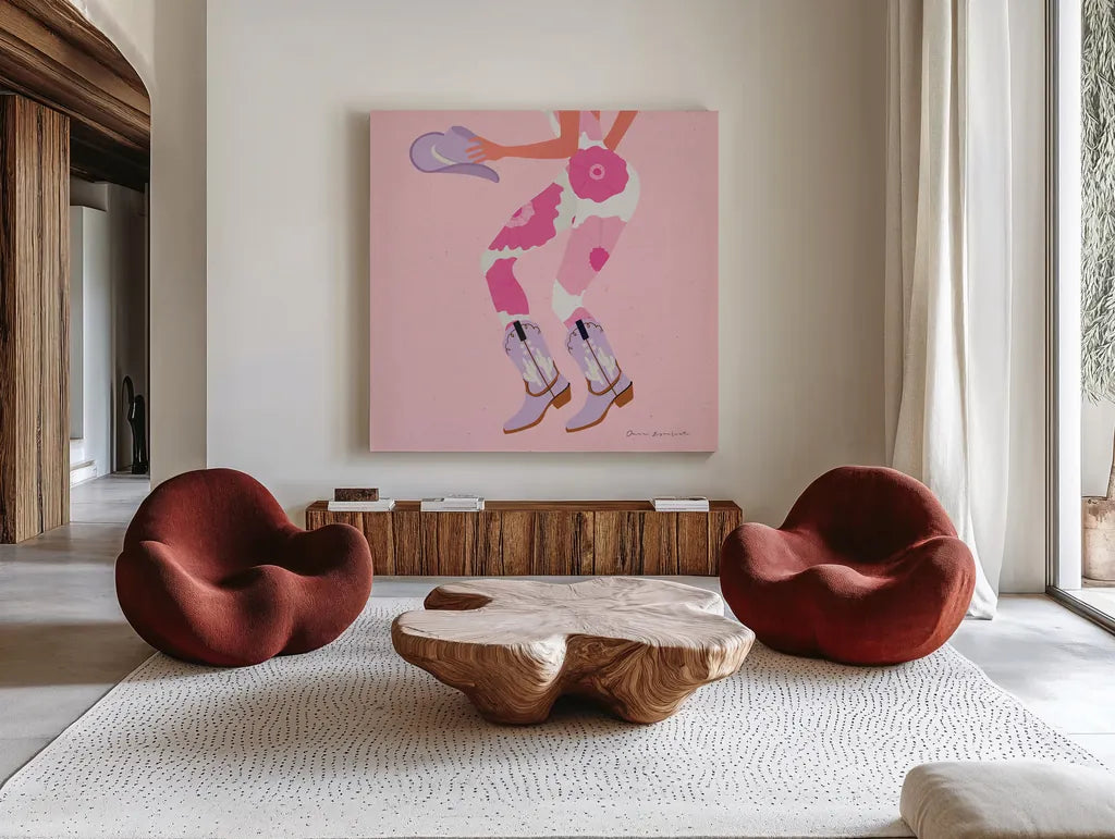 Cowgirly IV Pastel by Omar Escalante. Shown as extra-large giant wall art in a modern living room. Available as an archival giclee rolled canvas, fine art paper, or poster print. SKU 85862a.