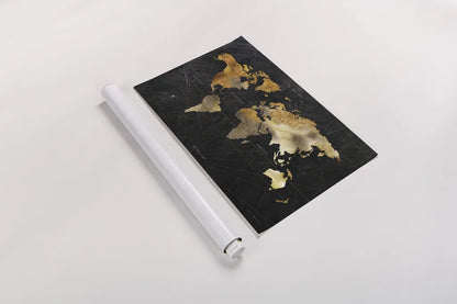 Dramatic World Map by Omar Escalante. shown as a rolled paper print. Available as archival giclee rolled canvas, fine art paper, or poster print. SKU 70404i.