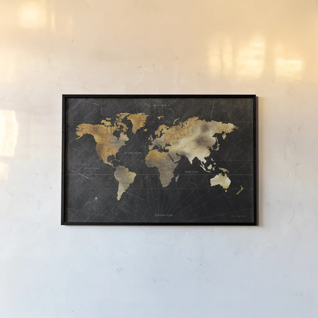 Dramatic World Map by Omar Escalante. shown as a paper print in a black flame. Available as a archival giclee rolled canvas, fine art paper, or poster print. SKU 70404i.