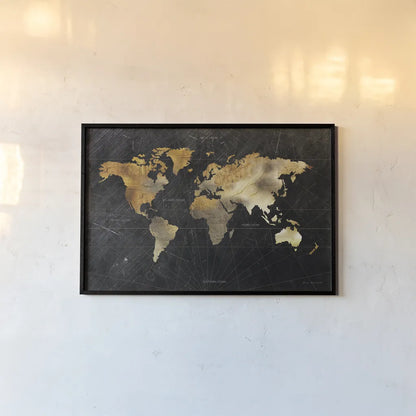 Dramatic World Map by Omar Escalante. shown as a paper print in a black flame. Available as a archival giclee rolled canvas, fine art paper, or poster print. SKU 70404i.