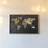 Dramatic World Map by Omar Escalante. shown as a paper print in a natural frame. Available as a archival giclee rolled canvas, fine art paper, or poster print. SKU 70404i.