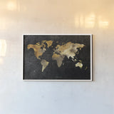 Dramatic World Map by Omar Escalante. shown as a paper print in a white frame. Available as a archival giclee rolled canvas, fine art paper, or poster print. SKU 70404i.