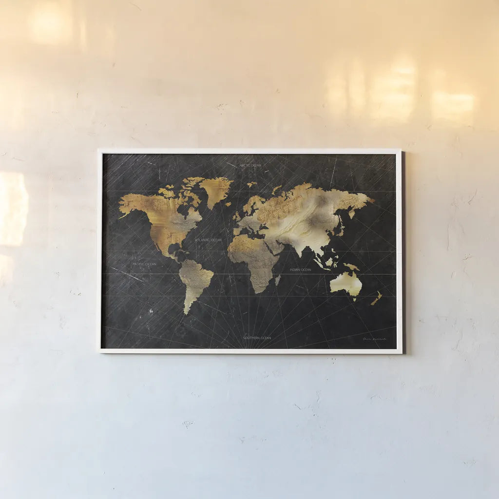 Dramatic World Map by Omar Escalante. shown as a paper print in a white frame. Available as a archival giclee rolled canvas, fine art paper, or poster print. SKU 70404i.