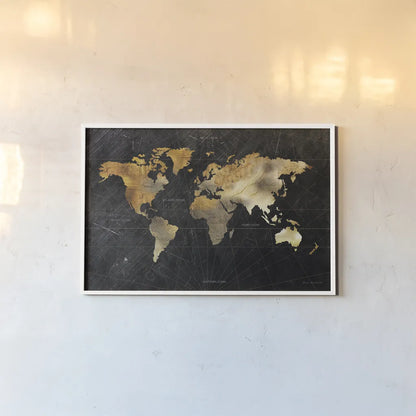 Dramatic World Map by Omar Escalante. shown as a paper print in a white frame. Available as a archival giclee rolled canvas, fine art paper, or poster print. SKU 70404i.