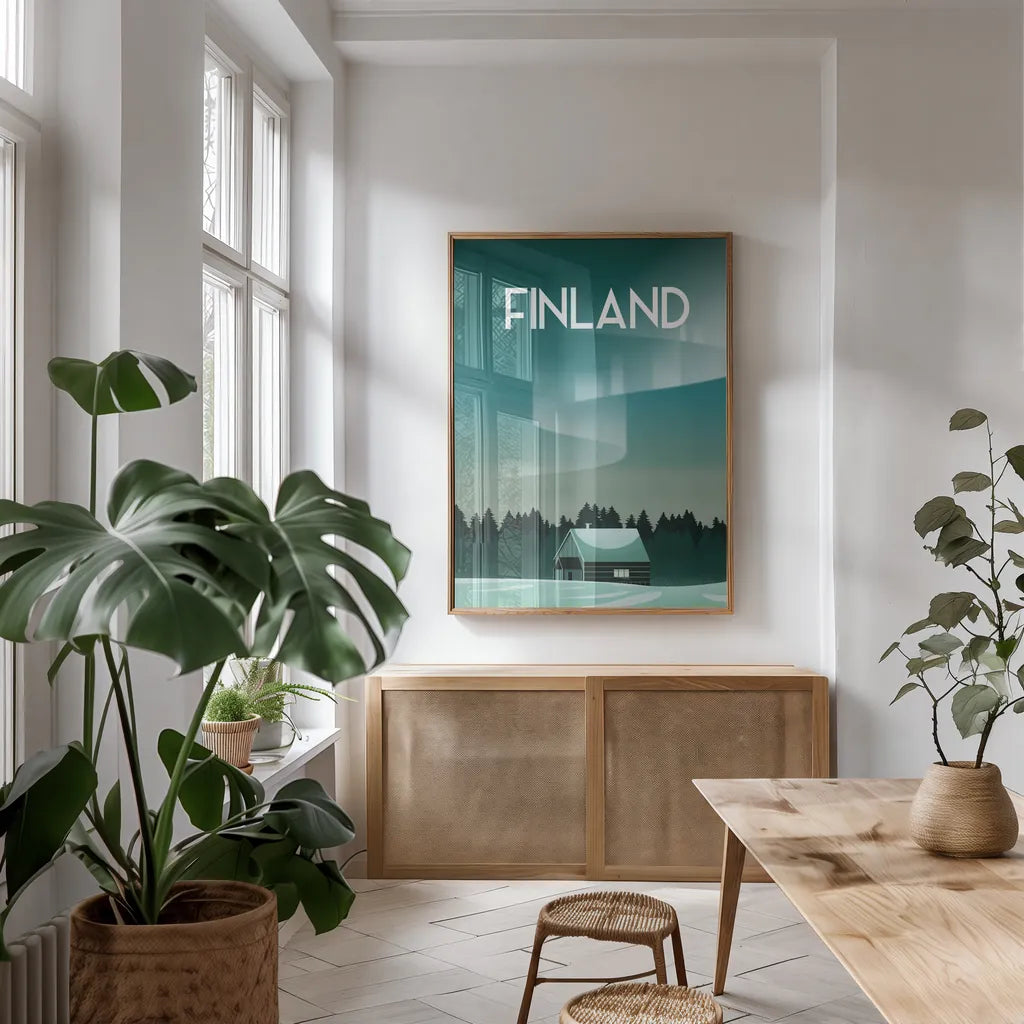 Finland I by Omar Escalante. shown as a print in a natural wood frame in a dining room. Available as a archival giclee rolled canvas, fine art paper, or poster print. SKU 62775h.