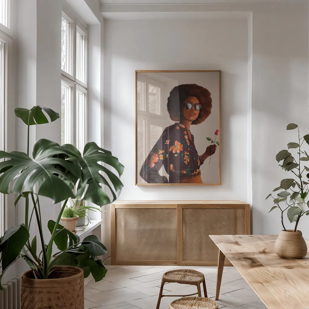 Flower Power I by Omar Escalante. shown as a print in a natural wood frame in a dining room. Available as a archival giclee rolled canvas, fine art paper, or poster print. SKU 75980h.