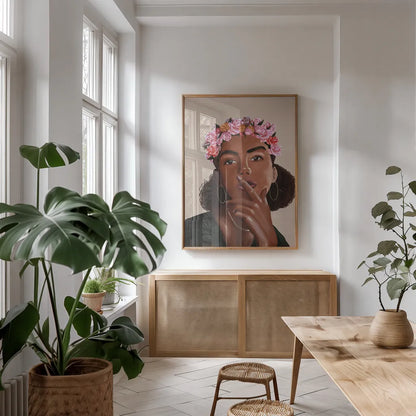 Flower Power II by Omar Escalante. shown as a print in a natural wood frame in a dining room. Available as a archival giclee rolled canvas, fine art paper, or poster print. SKU 75981h.