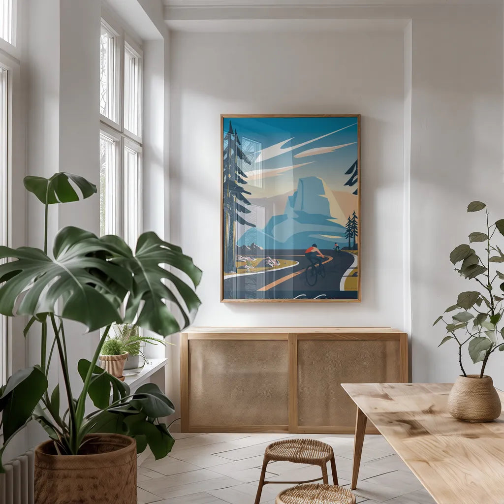 Follow the Trail by Omar Escalante. shown as a print in a natural wood frame in a dining room. Available as a archival giclee rolled canvas, fine art paper, or poster print. SKU 65933h.