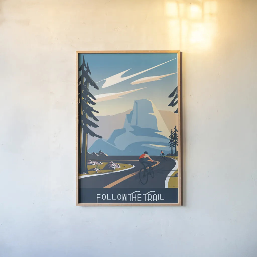 Follow the Trail by Omar Escalante. shown as a paper print in a natural frame. Available as a archival giclee rolled canvas, fine art paper, or poster print. SKU 65933h.