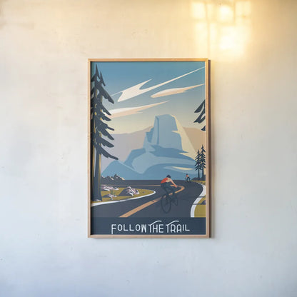 Follow the Trail by Omar Escalante. shown as a paper print in a natural frame. Available as a archival giclee rolled canvas, fine art paper, or poster print. SKU 65933h.