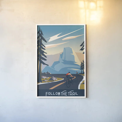 Follow the Trail by Omar Escalante. shown as a paper print in a white frame. Available as a archival giclee rolled canvas, fine art paper, or poster print. SKU 65933h.