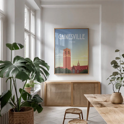Gainesville by Omar Escalante. shown as a print in a natural wood frame in a dining room. Available as a archival giclee rolled canvas, fine art paper, or poster print. SKU 62759h.
